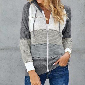 FEKOAFE Women's Grey Whit Striped V Neck Full Zip Hooded Knit Sweater Medium.